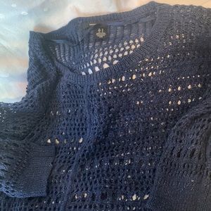 DKNY Jeans Navy Blue Silver Metallic Open Knit Tunic Sweater Medium